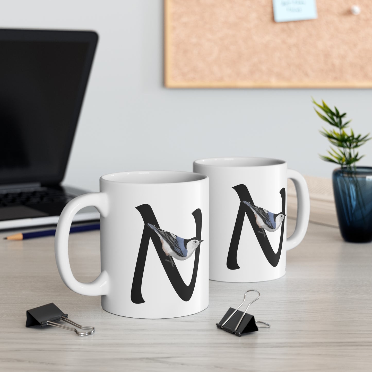 Nuthatch Letter N Bird Ceramic Mug 11oz White