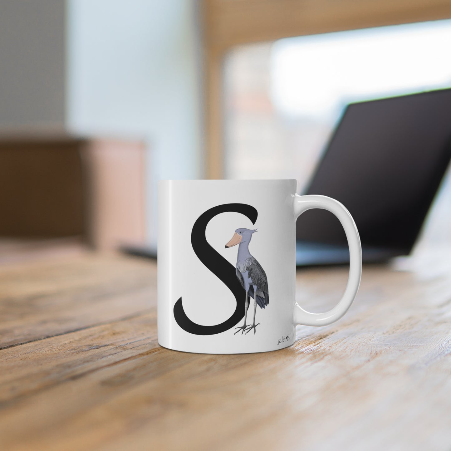 Shoebill Letter S Bird Ceramic Mug 11oz White