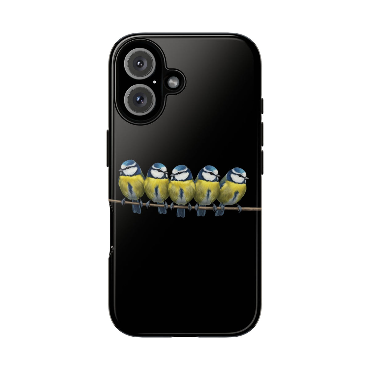 Funda premium para móvil de carbonero azul en una rama – Doble protección e impresión integral, negra