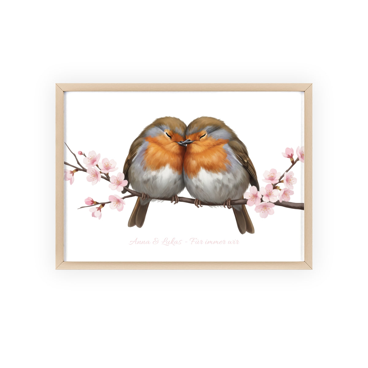 Tableau mural personnalisé avec cadre en bois – Couple de rouges-gorges avec prénoms au choix