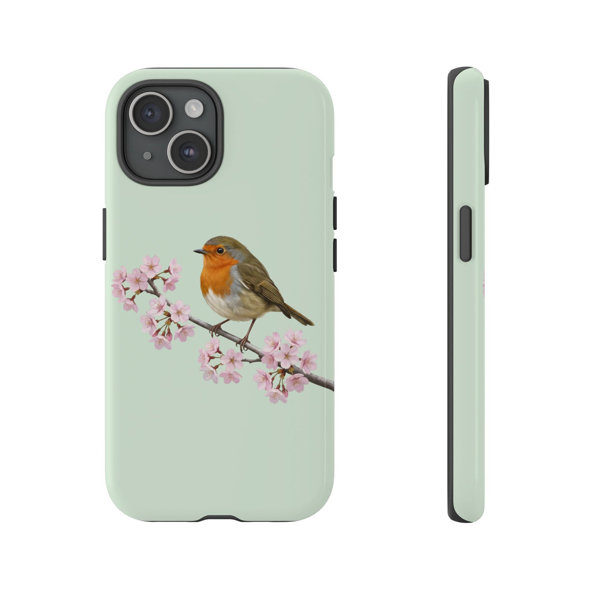 Coque de téléphone Robin vert sauge | Motif floral avec fleurs de cerisier et oiseau pour iPhone et Google Pixel