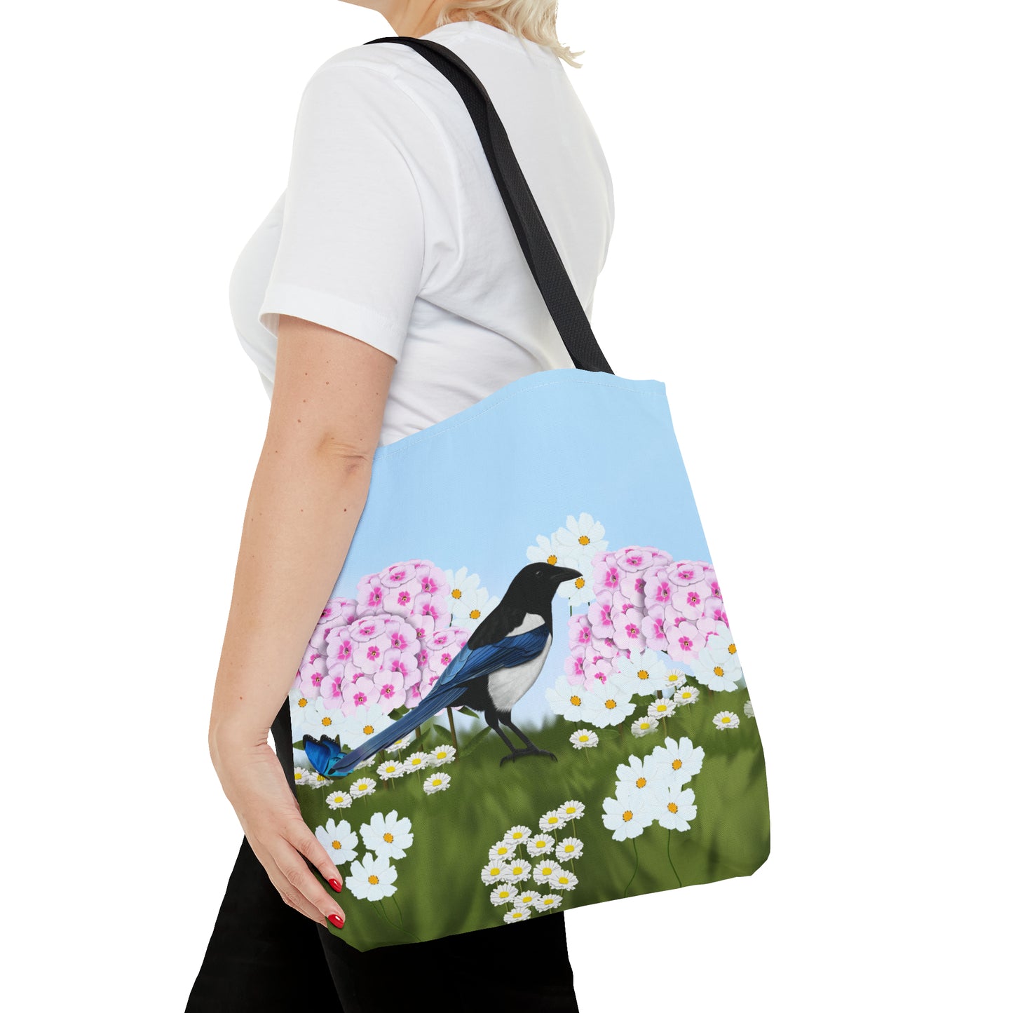 Magpie in Summer Flowers Bird Tote Bag 16"x16" - jz.birds