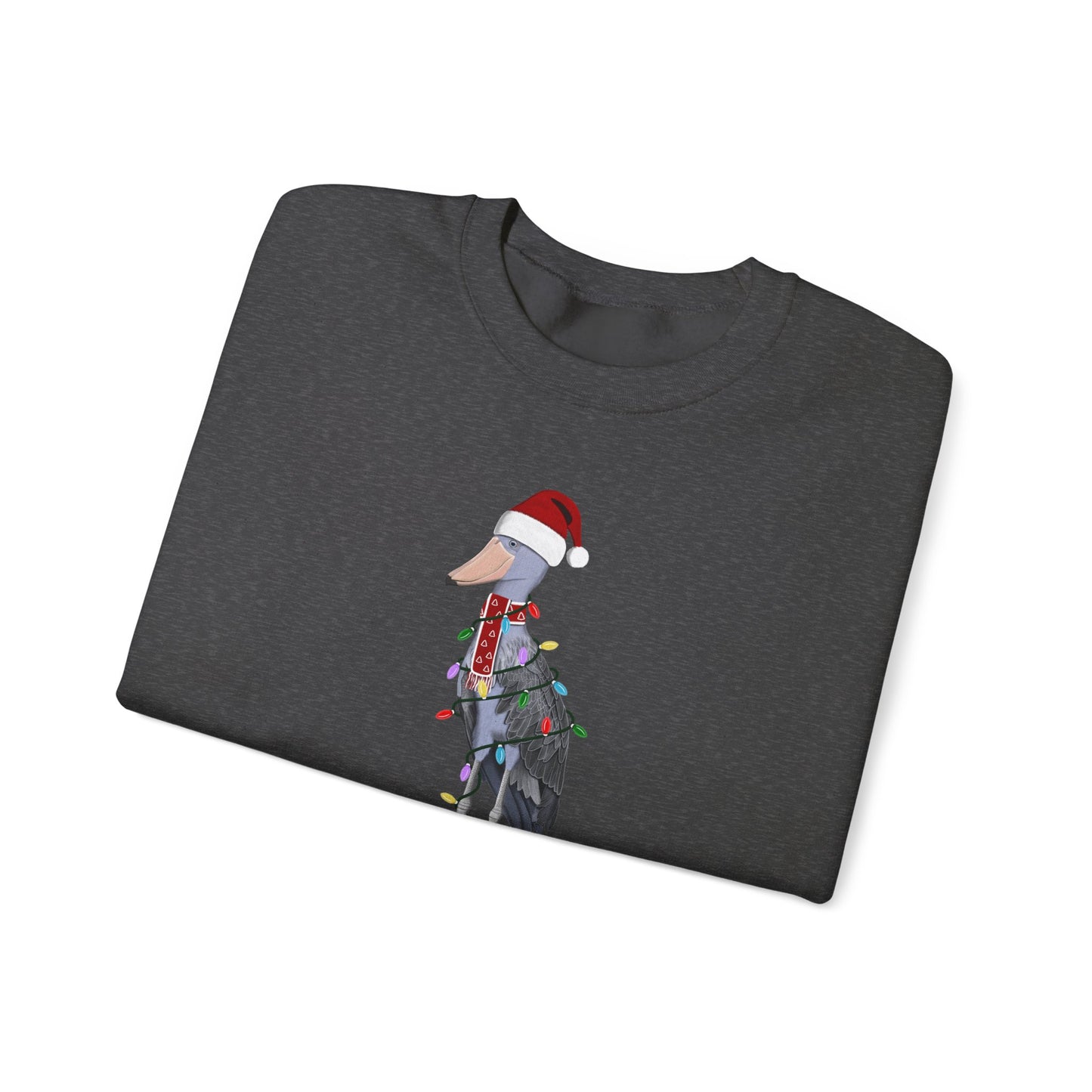 サンタクロースの姿でフェアリーライトをつけたハシビロコウのハッピーホリデーバードウォッチャークリスマスバードスウェットシャツ