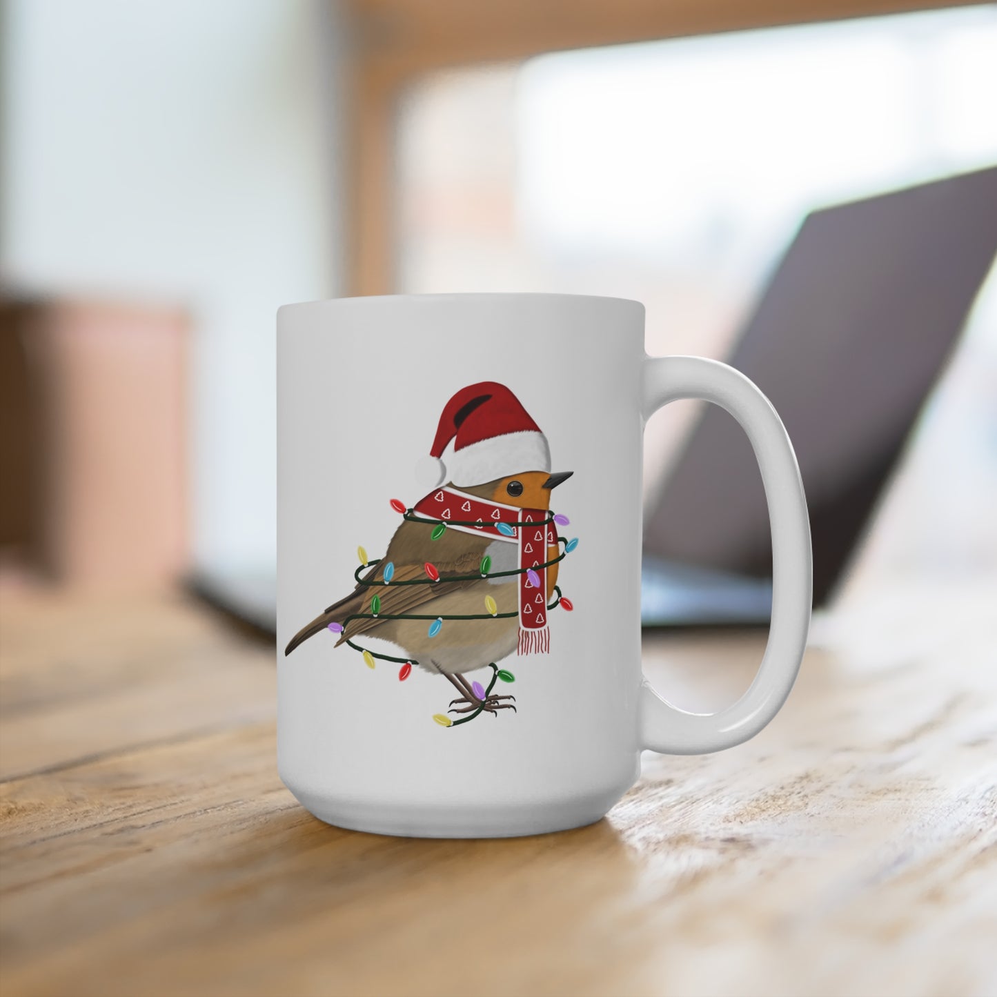 Rotkehlchen Tasse Vogel als Weihnachtsmann mit Lichterkette Weiß für Vogelfreunde