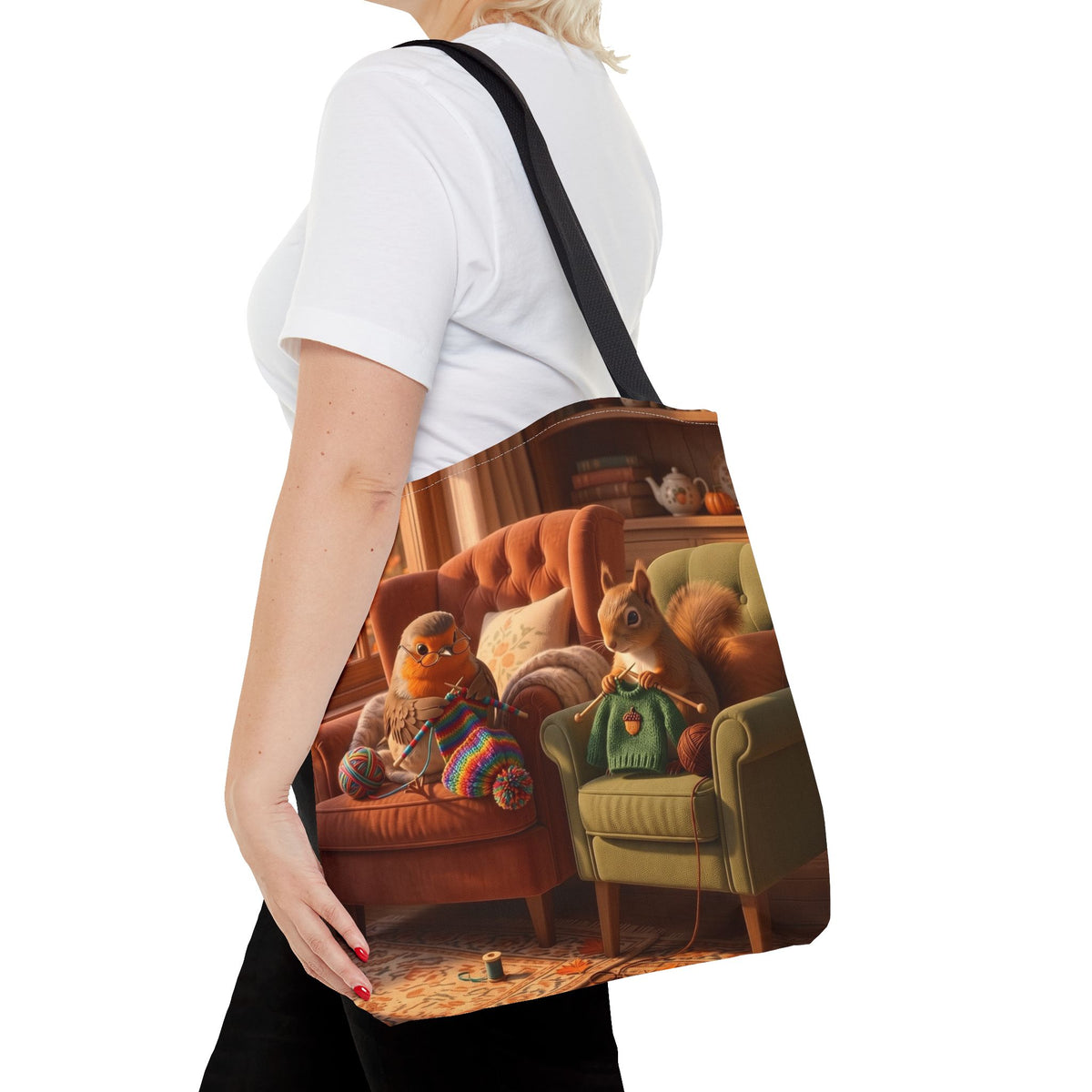 Sac fourre-tout Après-midi tricot douillet – Tote bag en tissu à imprimé intégral Rosi Rougegorge & Écureuil