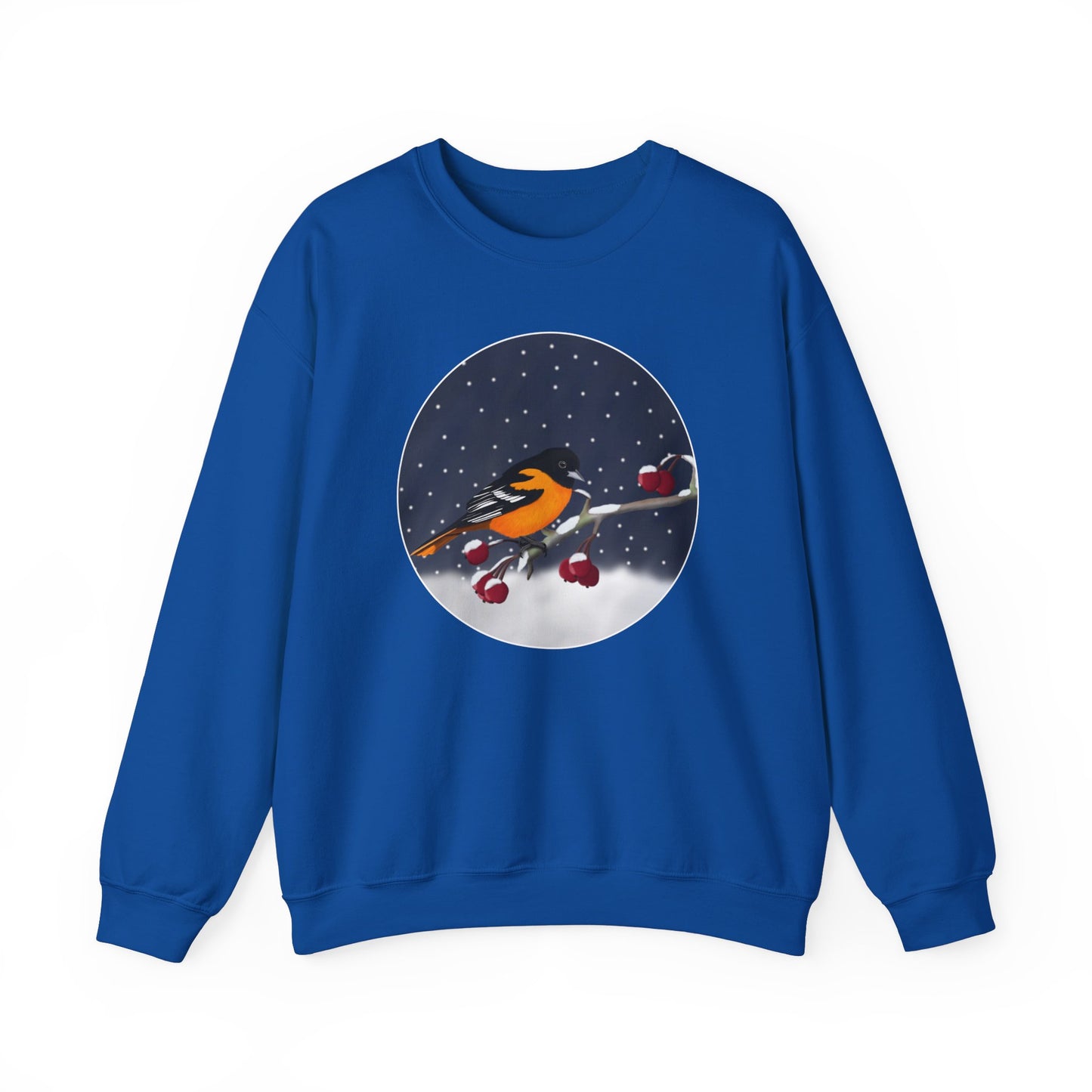 Baltimore Oriole on a Winter Branch Birdwatcher Christmas Bird Sweatshirt