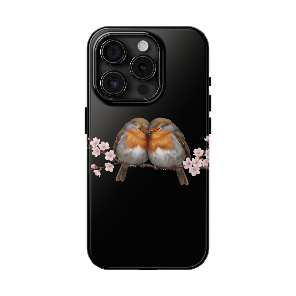 European Robin with Cherry Blossoms iPhone Case – Premium Tough Phone Cover Black