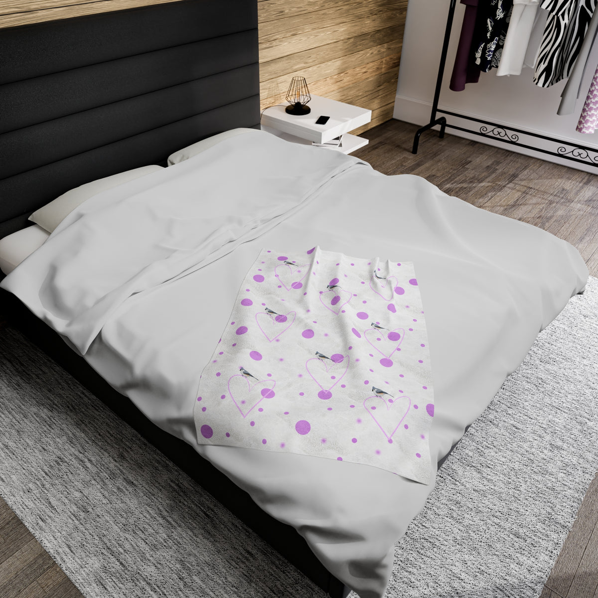 Tufted Titmouse Sofa Blankets – Valentine's Day Bird Velveteen Plush Blanket Pink Hearts and Dots