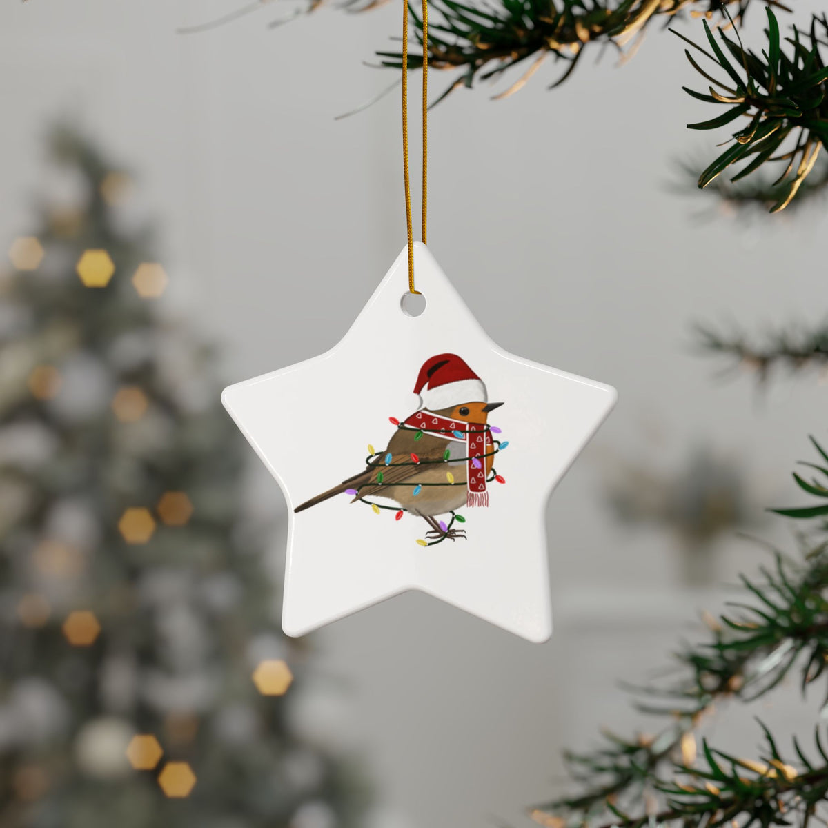 サンタクロースのヨーロッパコマドリの陶器製クリスマスオーナメント | 丈夫な両面鳥愛好家向け装飾