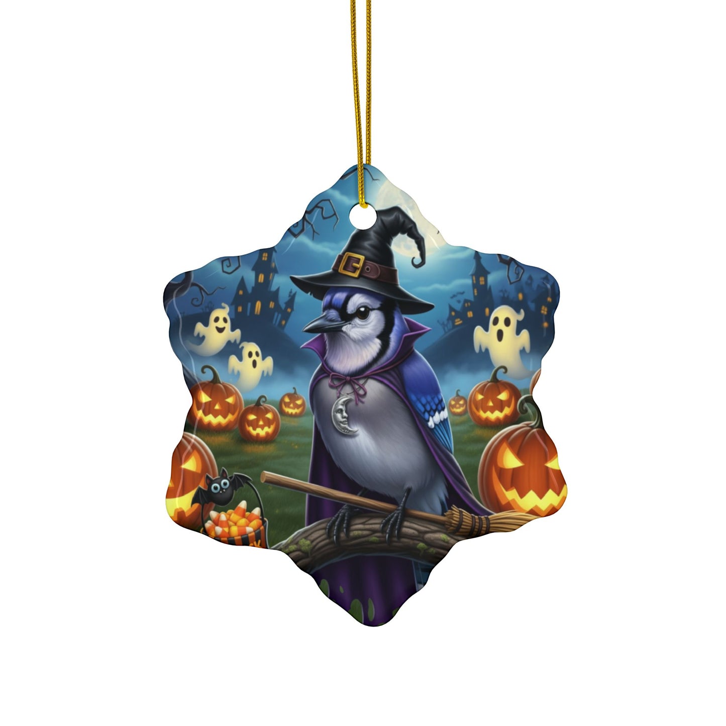 Funny Blue Jay Bird Halloween Ornament, Double-Sided Ceramic Decor for Spooky Season