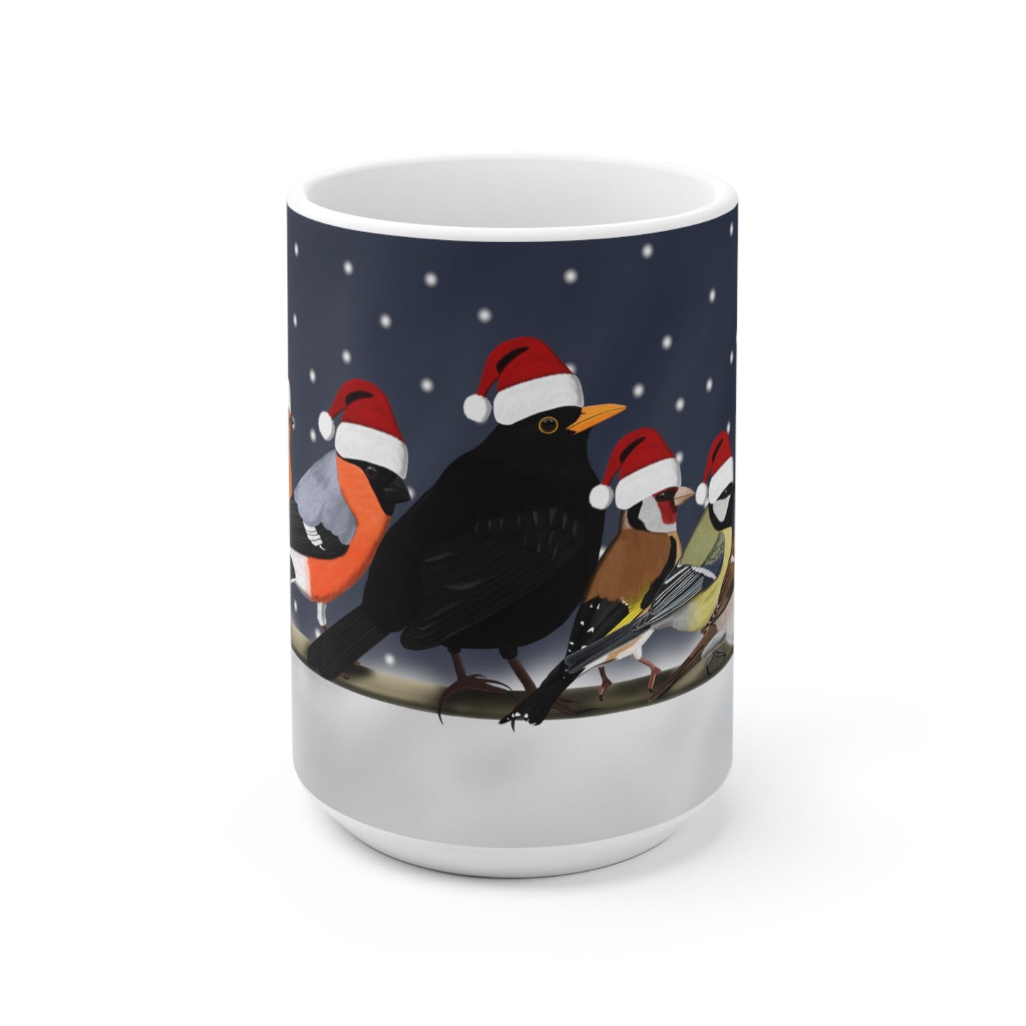 Gartenvögel auf einem Ast Amsel Rotkehlchen Feldsperling im Winter Weihnachten Schnee Vogel Tasse