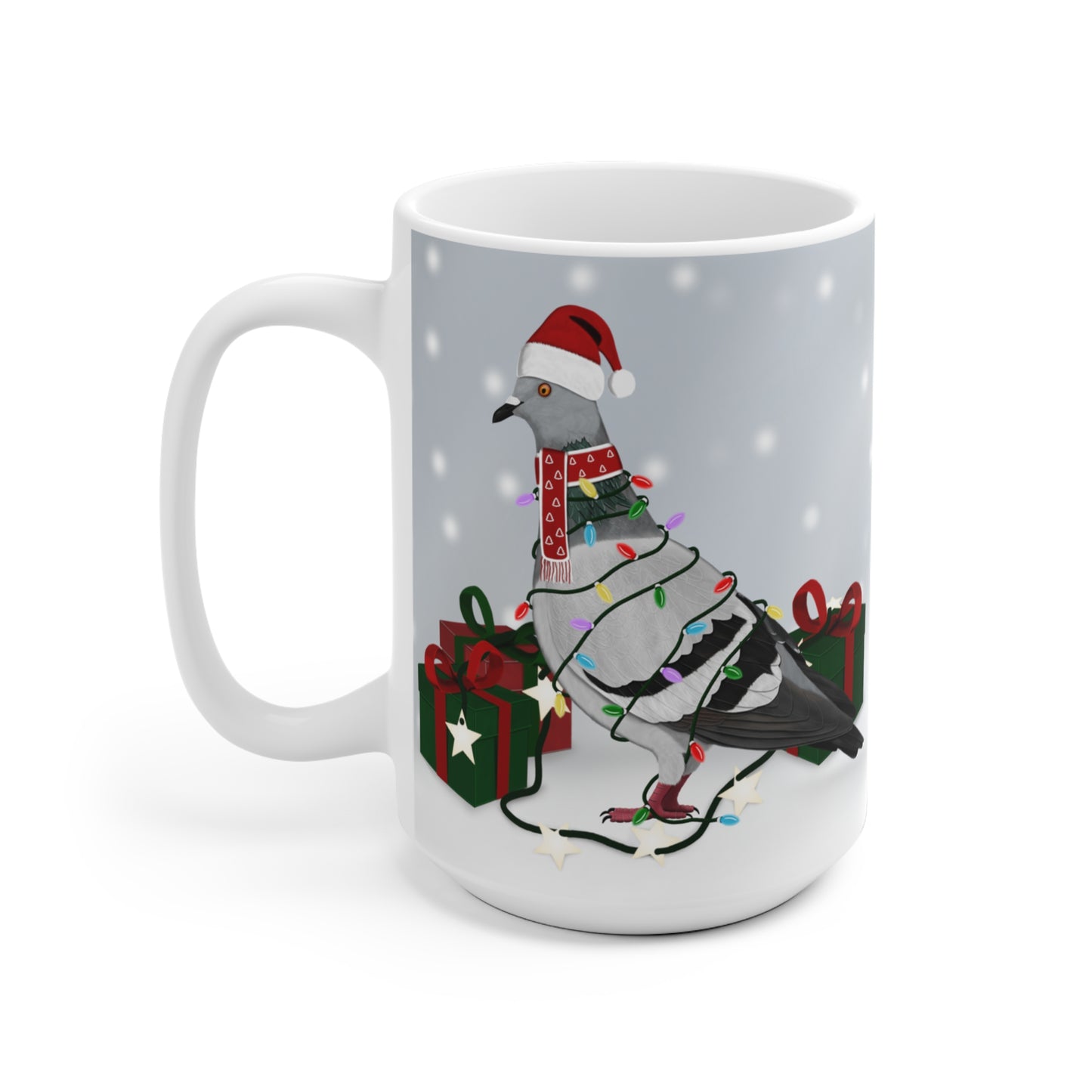 Taube mit Lichterkette im Winter Weihnachten Schnee Vogel Tasse