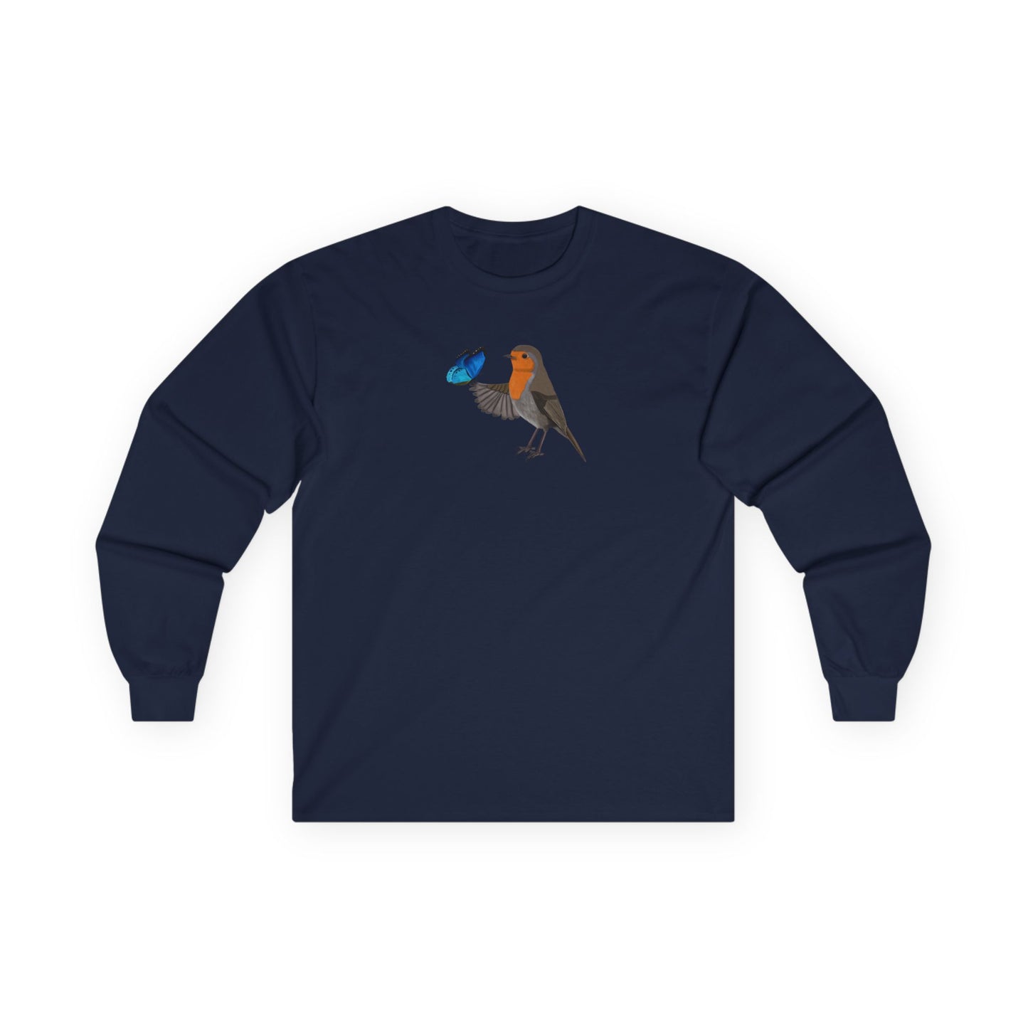 Robin with Butterfly Birding & Birdwatching Bird Cotton Long Sleeve T-Shirt