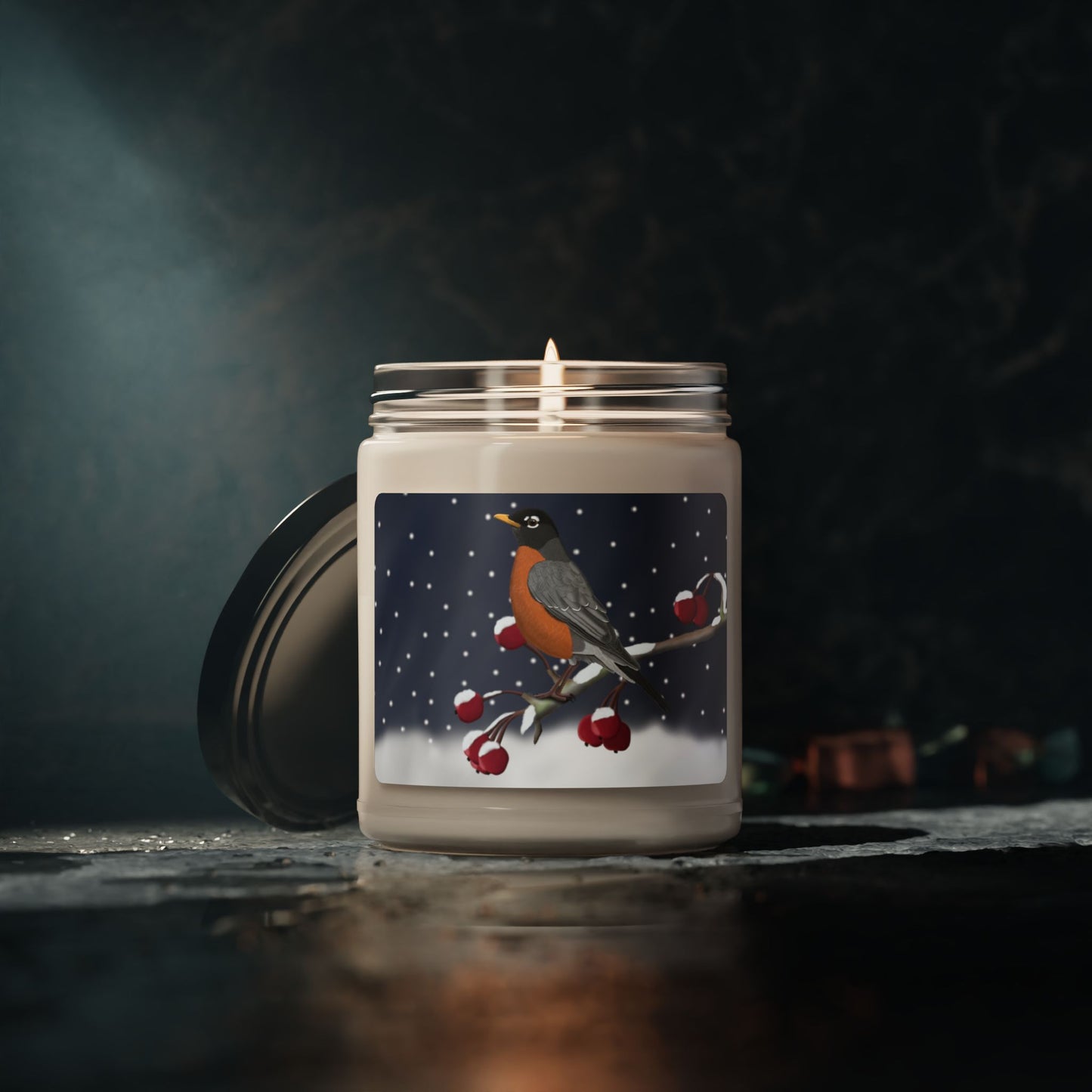 Robin on a Winter Branch Christmas Bird Art Scented Soy Candle, 9oz