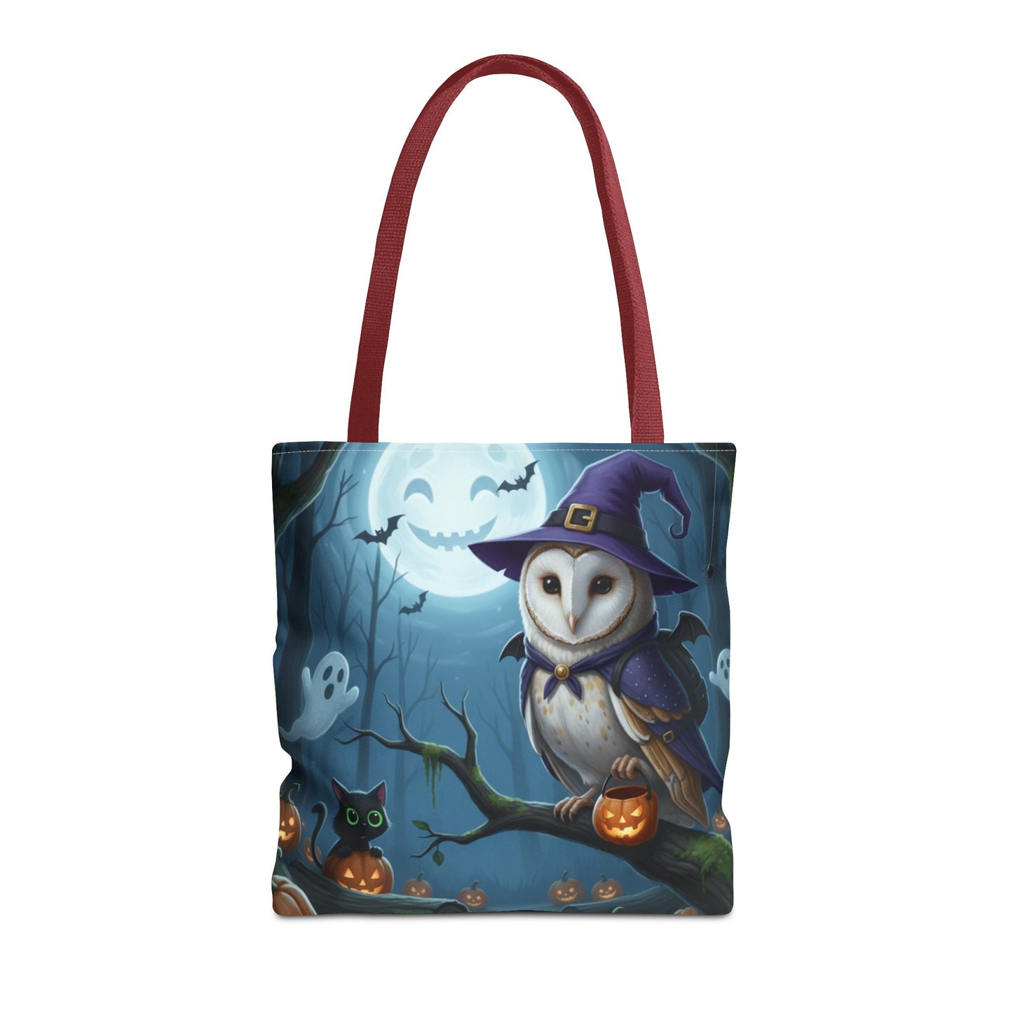 Barn Owl Halloween Tote Bag: Purple Cape & Witch Hat | 16"x16" Polyester | Bird Decor Accessory