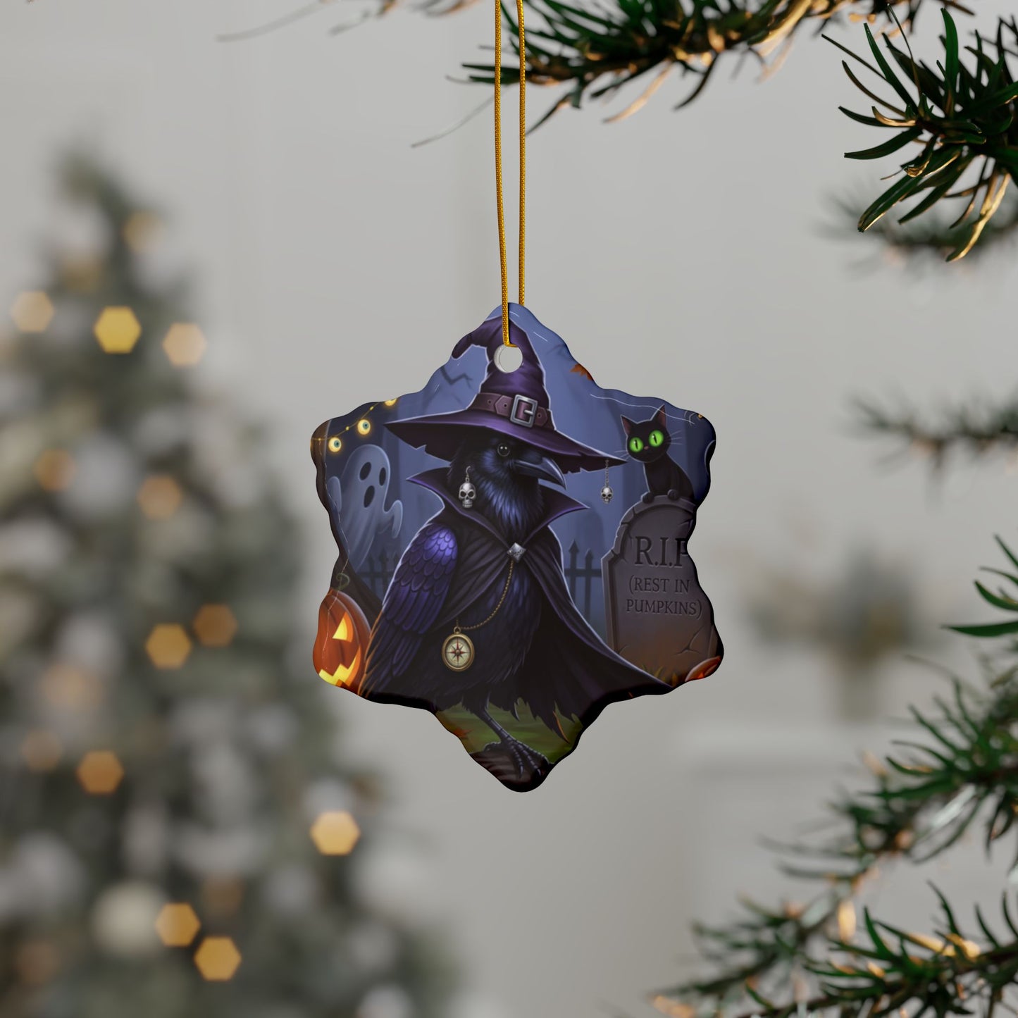 Black Crow Ceramic Bird Halloween Ornament | Double-Sided Spooky Decor