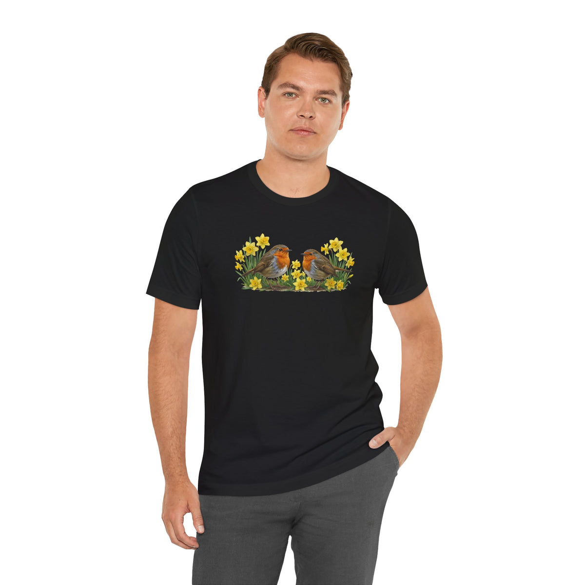 Oster T-Shirt Rotkehlchen in Osterglocken | Premium Baumwolle | Geschenk für Vogelfreunde