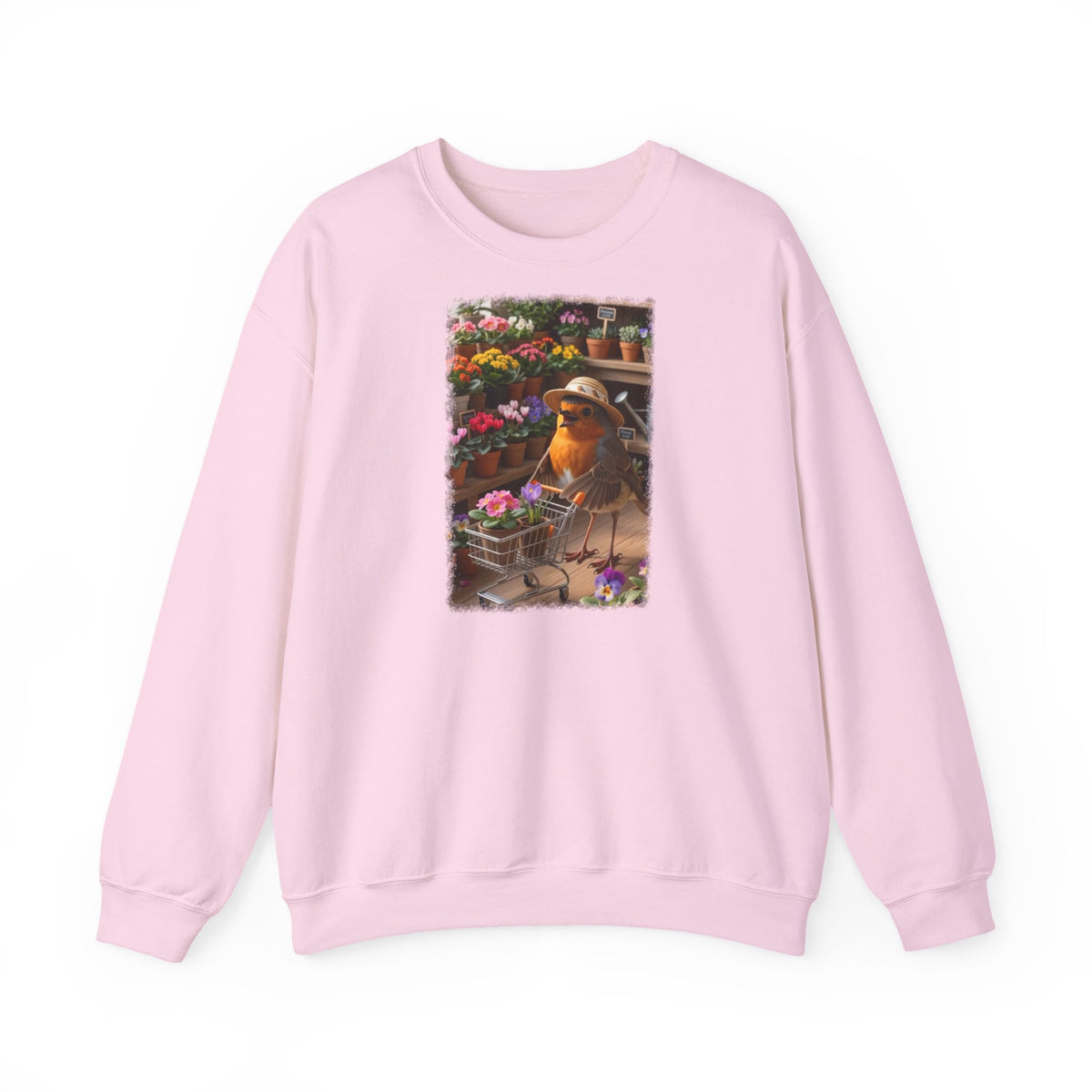 Lustiges Rotkehlchen Sweatshirt mit Blumen-Einkaufswagen | Süßer Vogel Pullover für Pflanzenliebhaber
