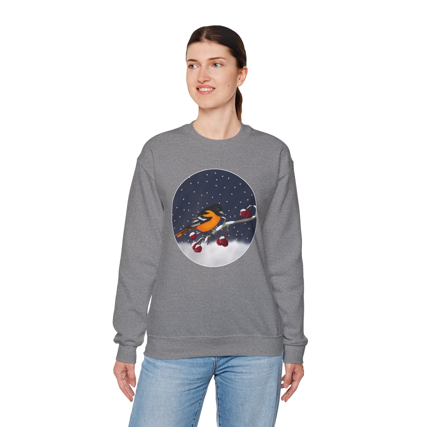 Baltimore Oriole on a Winter Branch Birdwatcher Christmas Bird Sweatshirt