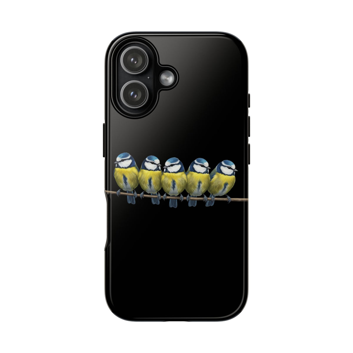 Funda premium para móvil de carbonero azul en una rama – Doble protección e impresión integral, negra