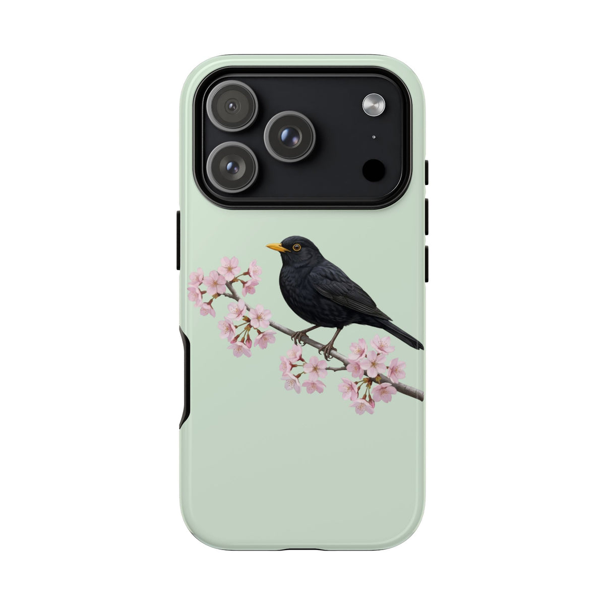 Amsel Handyhülle in Salbeigrün | Florales Kirschblüten Vogel-Motiv für iPhone & Google Pixel
