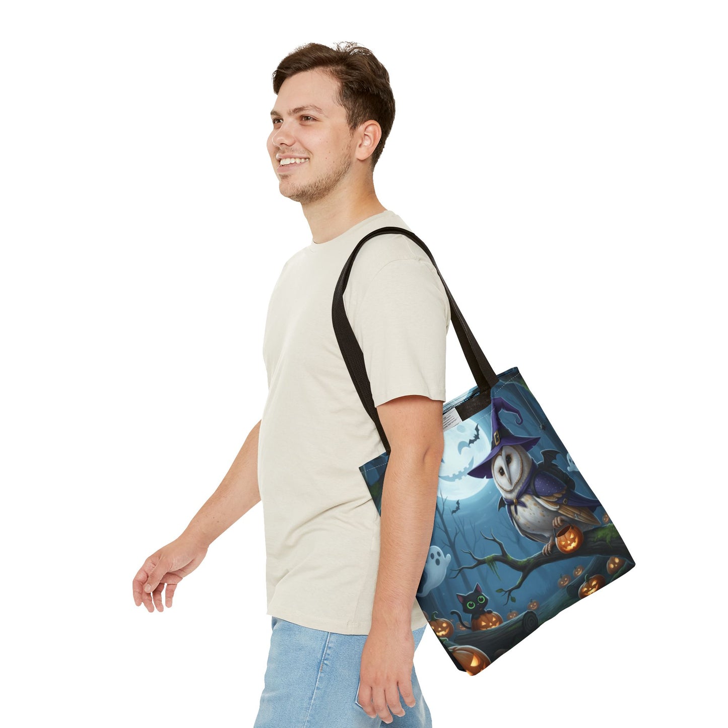 Barn Owl Halloween Tote Bag: Purple Cape & Witch Hat | 16"x16" Polyester | Bird Decor Accessory