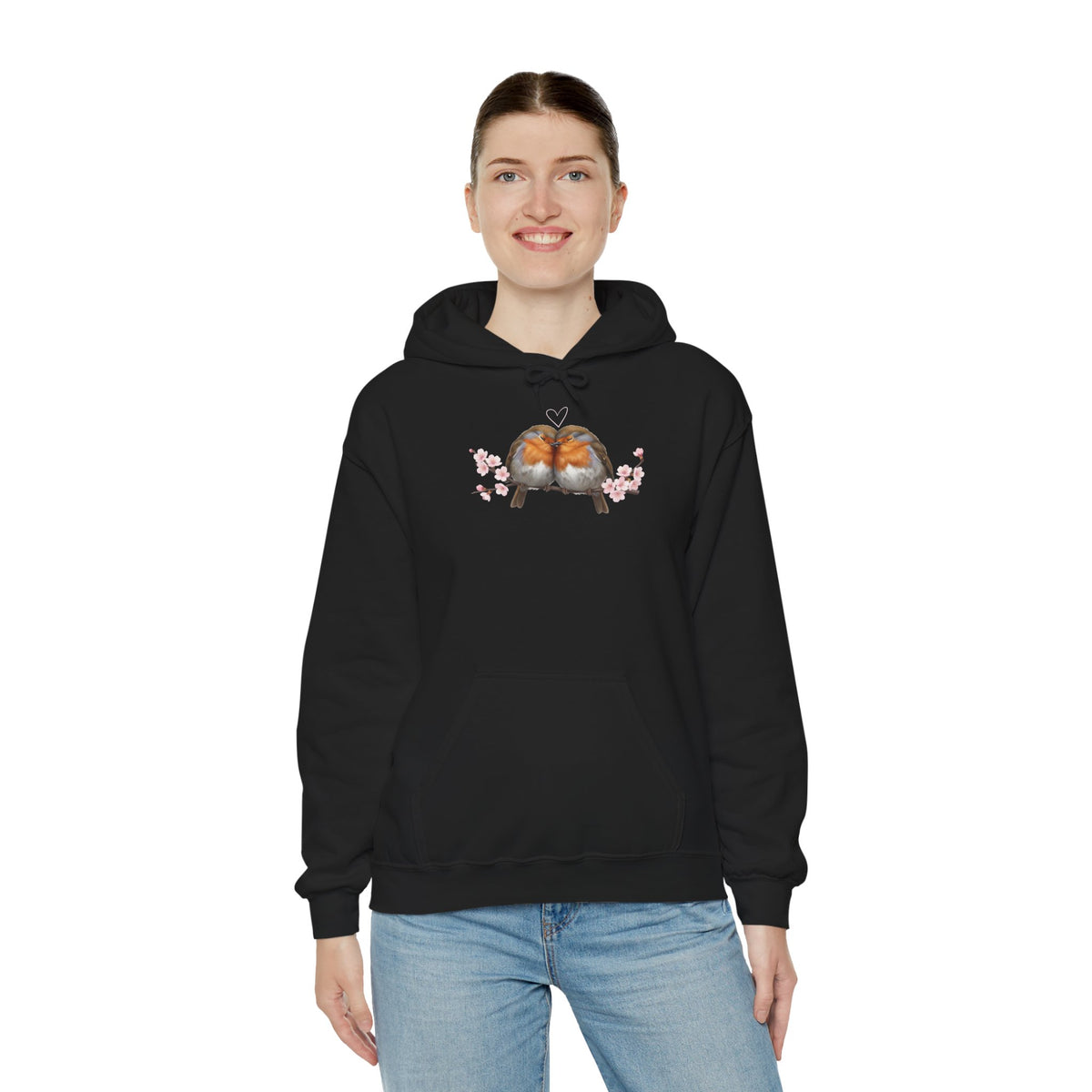 Premium Hoodie Rotkehlchen kuscheln auf einem Ast für Vogelbeobachter | Gemütlicher Unisex Kapuzenpullover