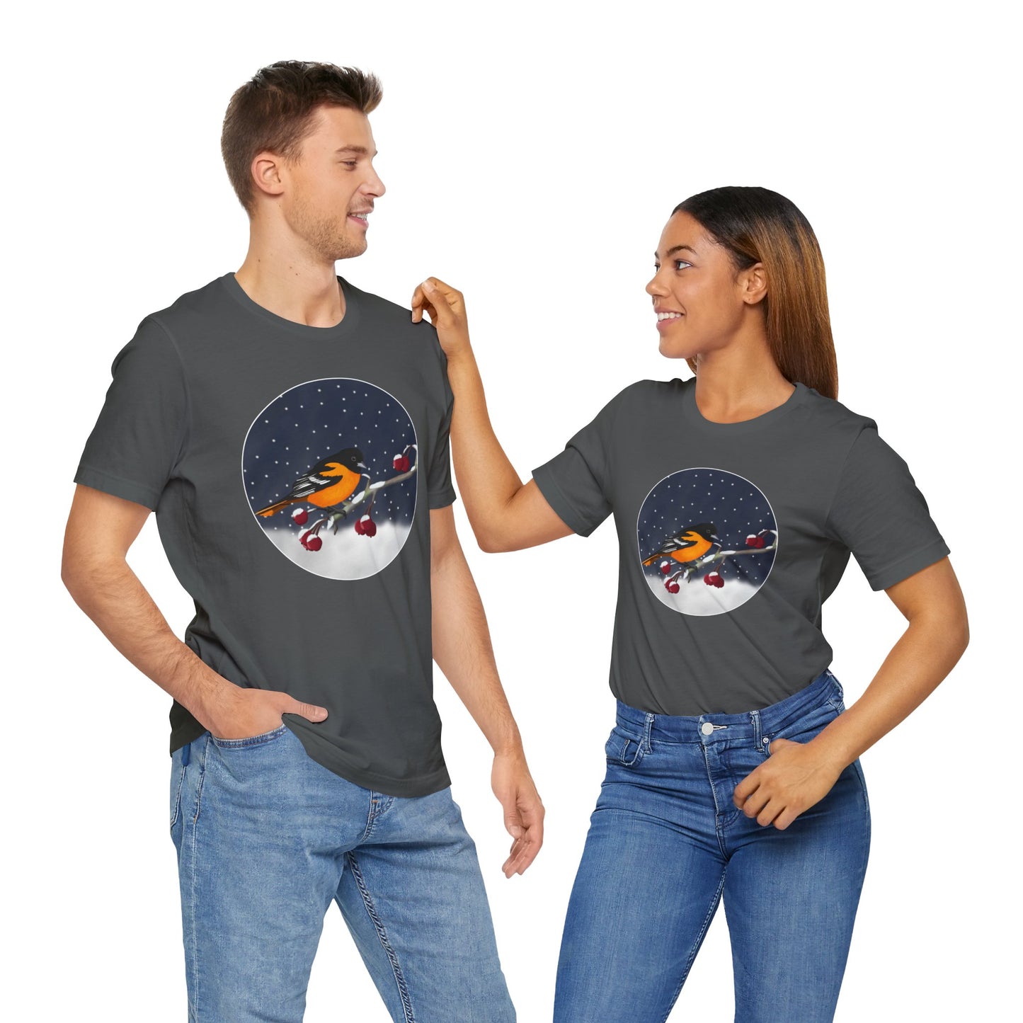Baltimore Oriole on a Winter Branch Birdwatcher Christmas Bird T-Shirt