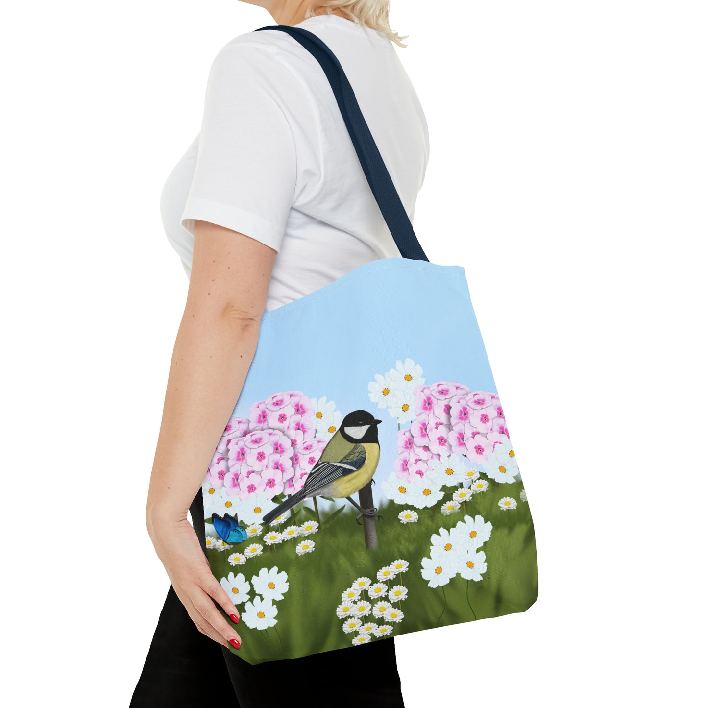 Chickadee in Summer Flowers Bird Tote Bag 16"x16" - jz.birds