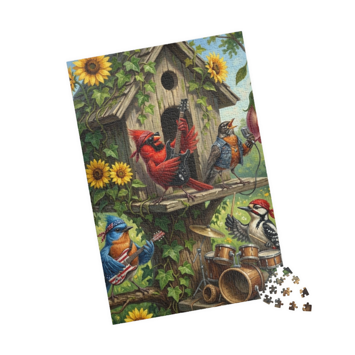 The Backyard Birds Concert Jigsaw Puzzle | Sunflower & Birdhouse Scene Premium Bird Lover Gift (110 - 1014 Pieces) on adult background