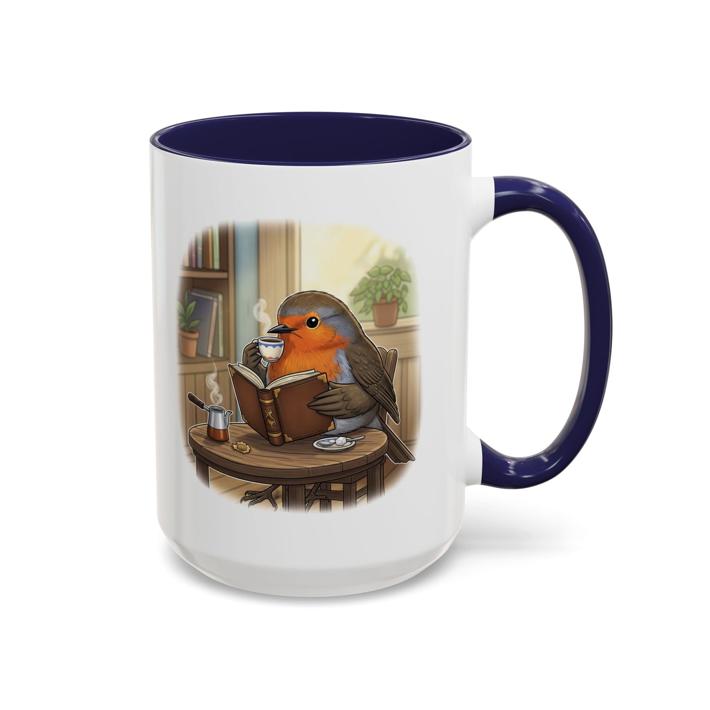 Robin Reads Books and Drinks Coffee Bird Mug for Bird and Book Lovers