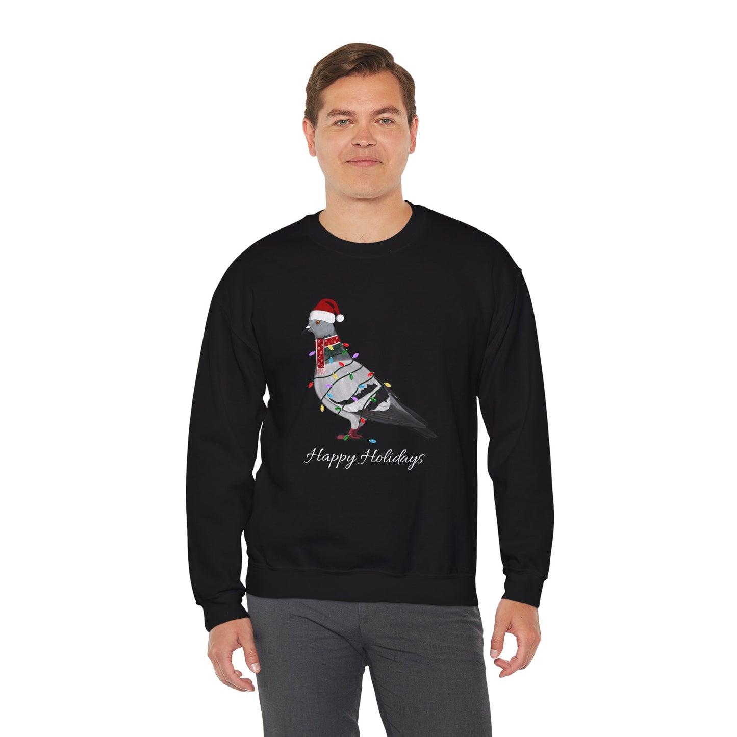 Pigeon with Fairy Lights as Santa Happy Holidays Birdwatcher Christmas Bird Sweatshirt