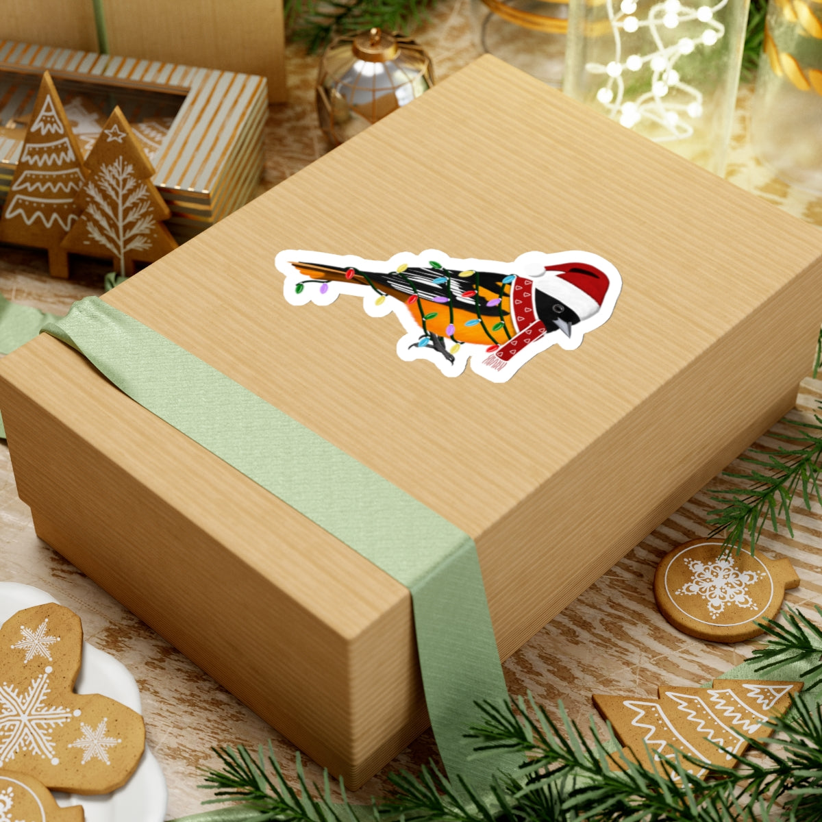 Baltimore Oriole with Fairy Lights Santa Claus Hat and Scarf Christmas Bird Sticker – Paper products