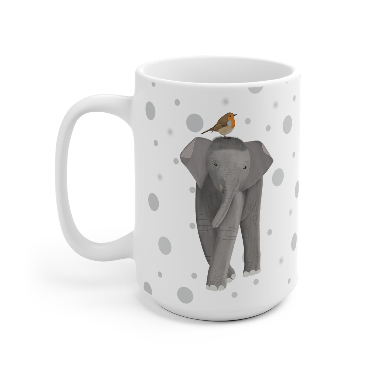 Rotkehlchen auf einem Elefanten Vogel Tasse Punkte Grau