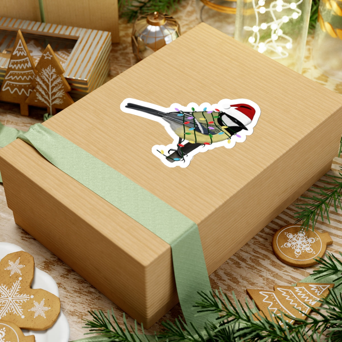 Chickadee with Fairy Lights and Santa Claus Hat Christmas Bird Sticker – Paper products