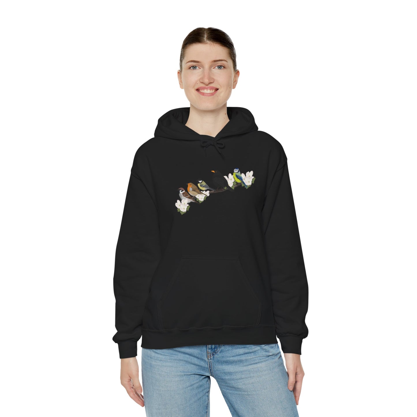 Vögel auf einem Ast Hoodie - Amsel Rotkehlchen Kohlmeise Spatz Kapuzenpullover für Vogelbeobachter & Naturliebhaber