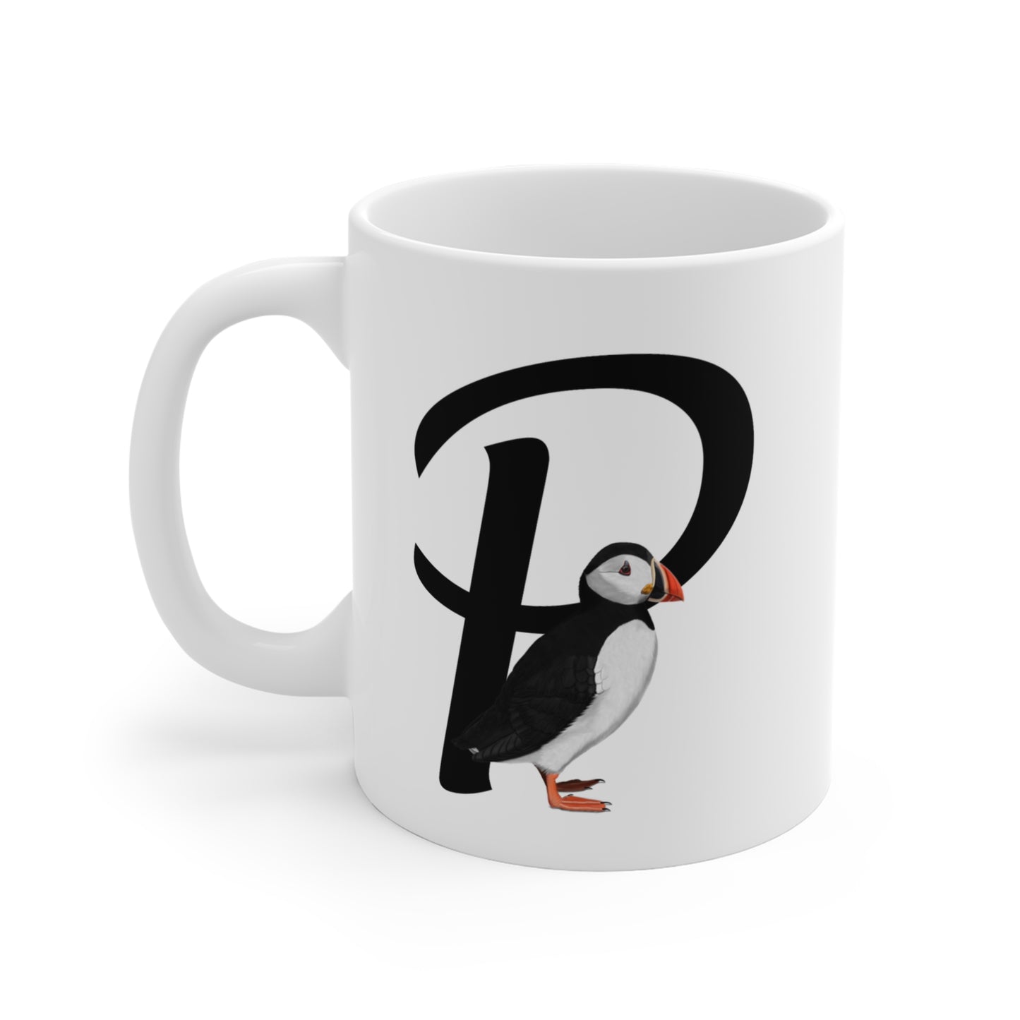 Puffin Letter P Bird Ceramic Mug 11oz White