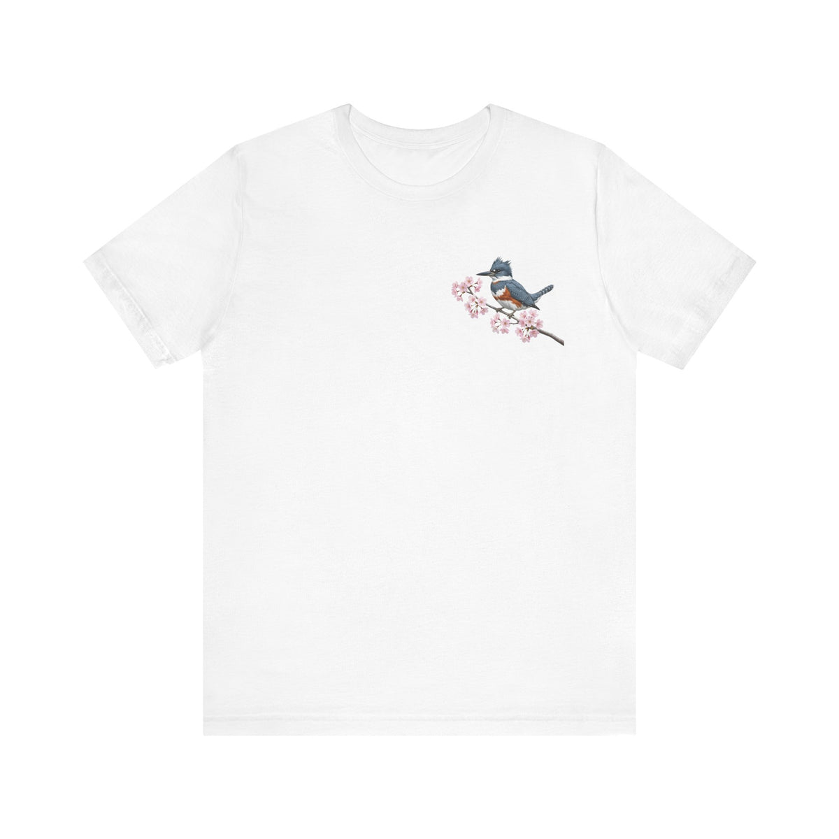 Belted Kingfisher Cherry Blossom T-Shirt | Floral Spring Tee for Bird Lovers – lover