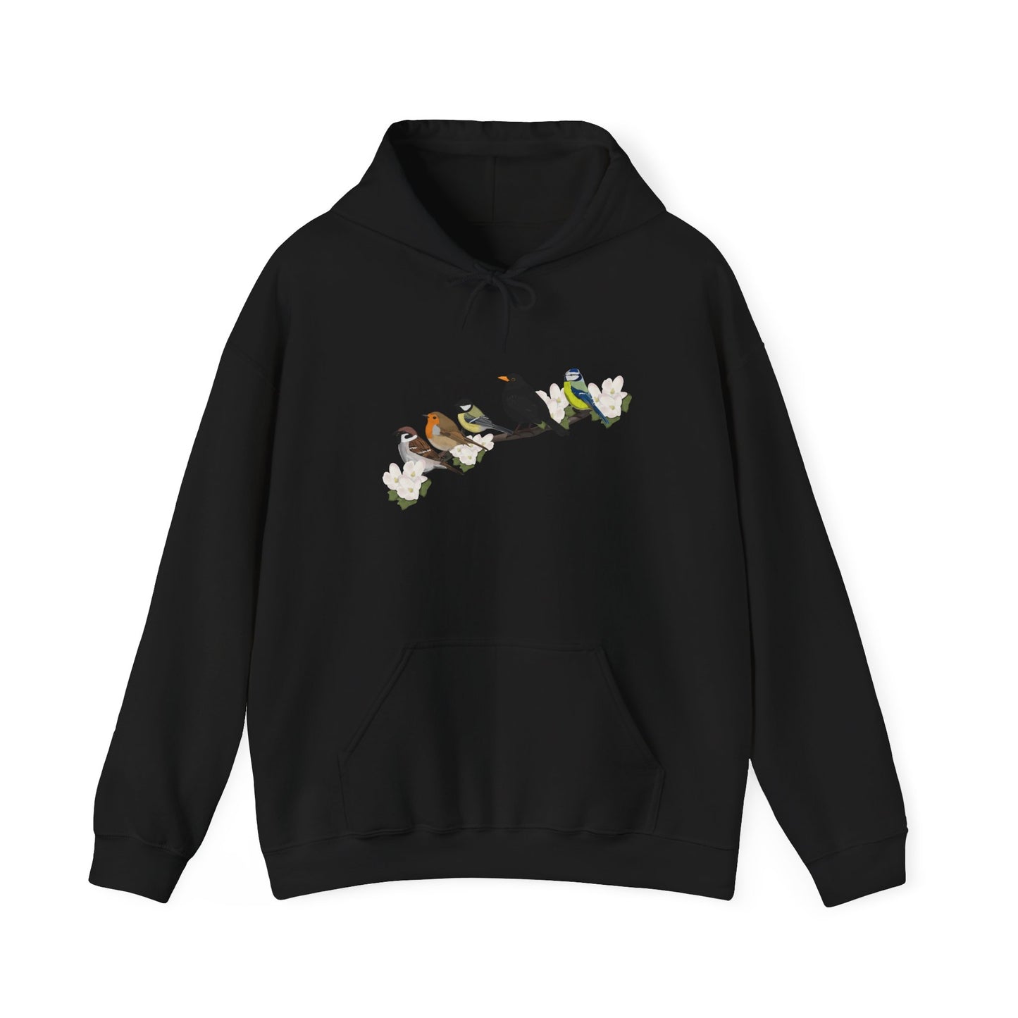 Vögel auf einem Ast Hoodie - Amsel Rotkehlchen Kohlmeise Spatz Kapuzenpullover für Vogelbeobachter & Naturliebhaber