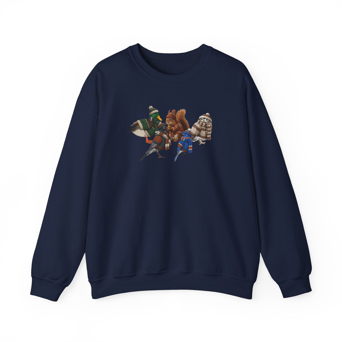 Cozy Winter Crewneck: Backyard Birds & Squirrel in Knitwear Sweatshirt on Animal Lover Gift background