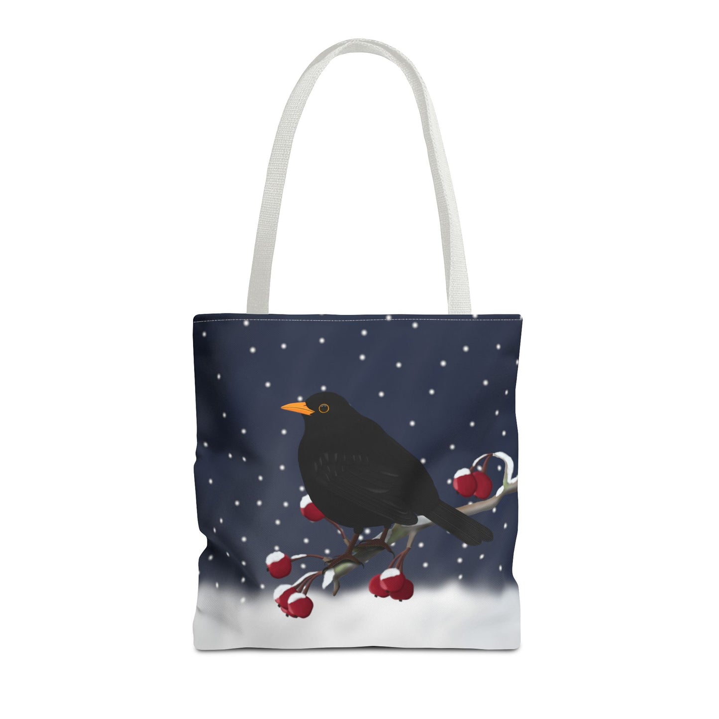 Amsel auf einem Ast im Schnee Vogel Tragetasche