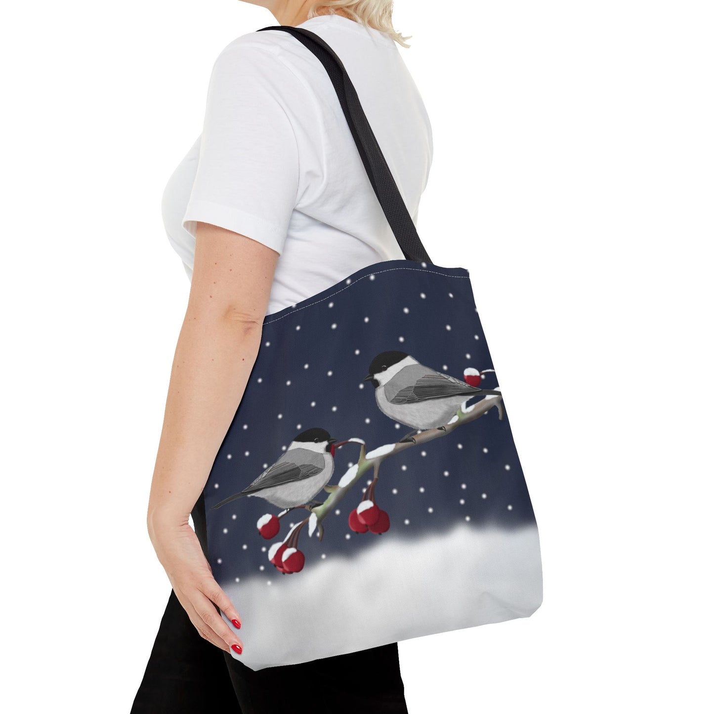 Willow Titmice on a Winter Branch Christmas Bird Tote Bag 16"x16" Bags in Black