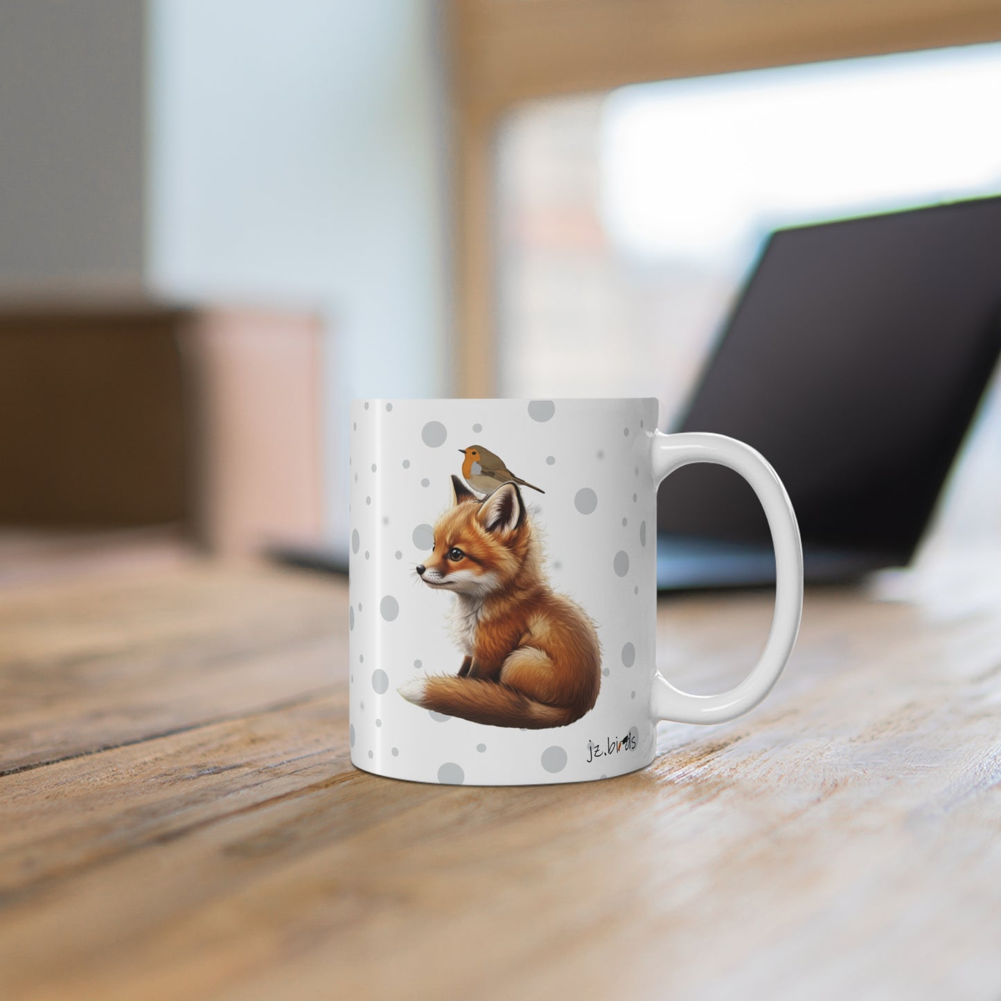 Fox Mug with European Robin for Animal Lovers & Bird Watchers 11oz