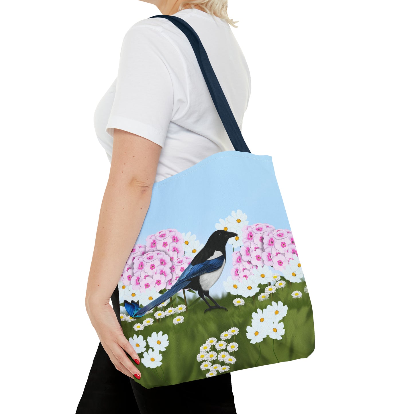 Magpie in Summer Flowers Bird Tote Bag 16"x16" - jz.birds