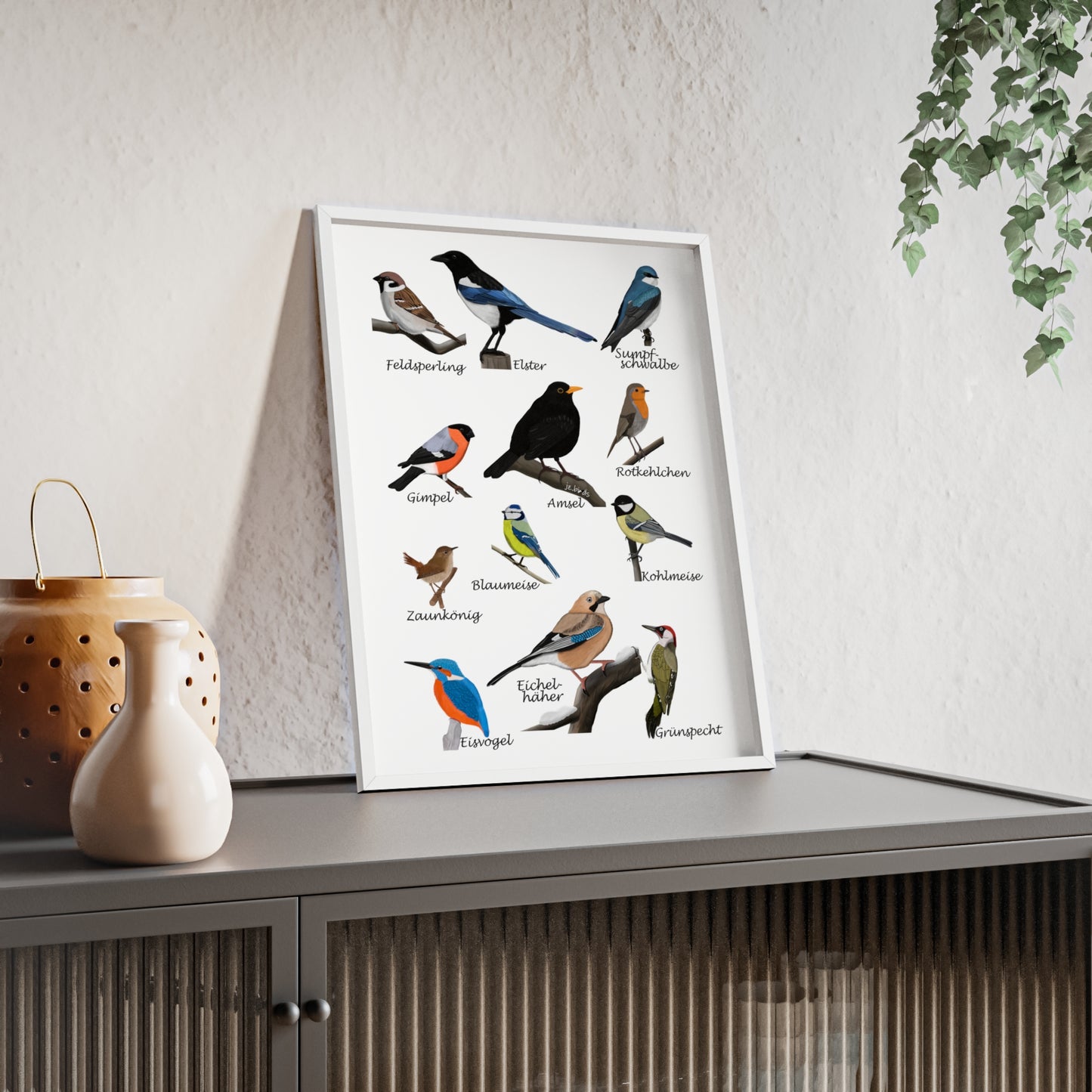 Vogel Poster im Holzrahmen - Gartenvögel Amsel Rotkehlchen Blaumeise