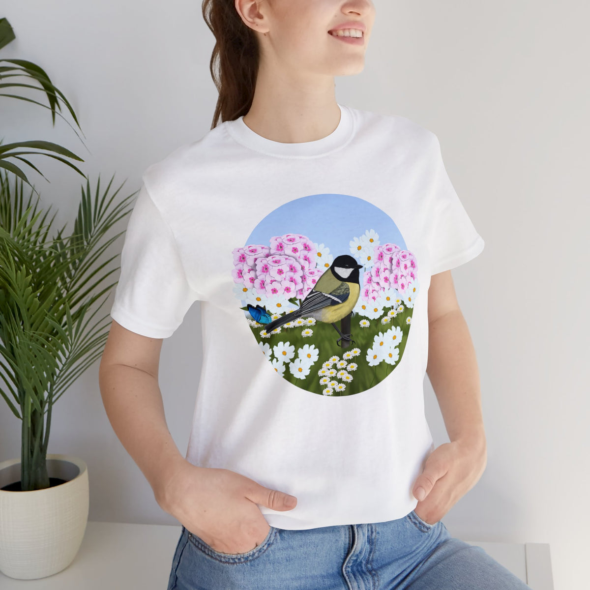 Chickadee and Summer Flowers Bird Tee