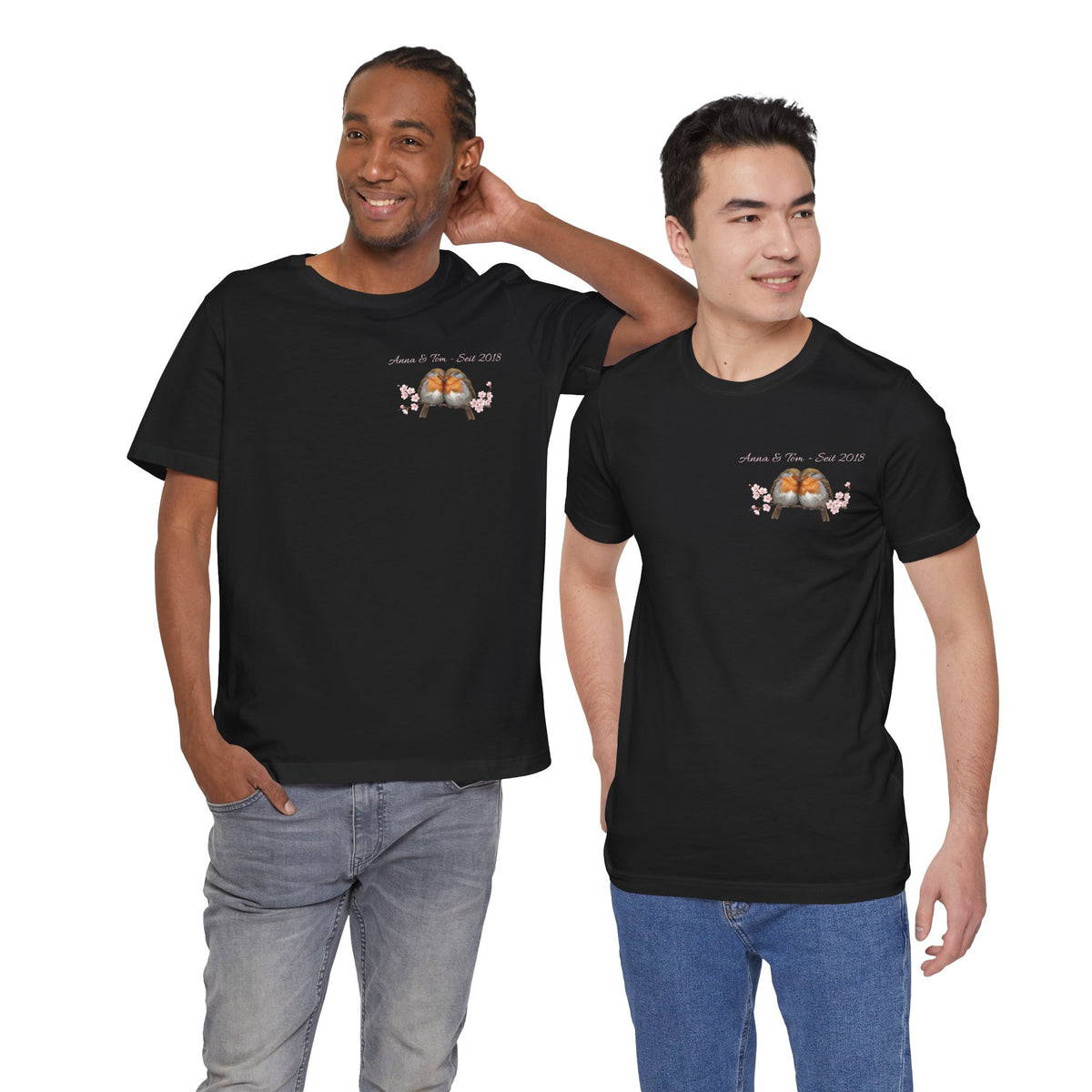 Personalisiertes Rotkehlchen T-Shirt mit Wunschnamen – Vogel-Motiv für Paare & Beste Freunde