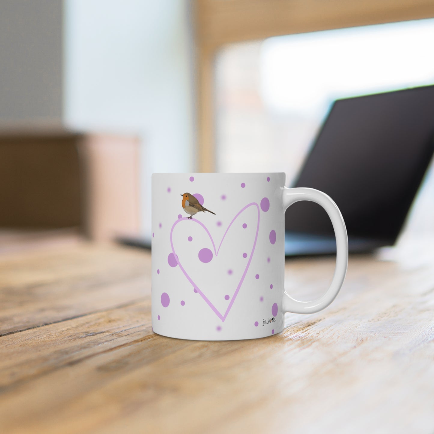 Rotkehlchen mit Herz Valentinstag Vogel Tasse Punkte Rosa – 11 oz,