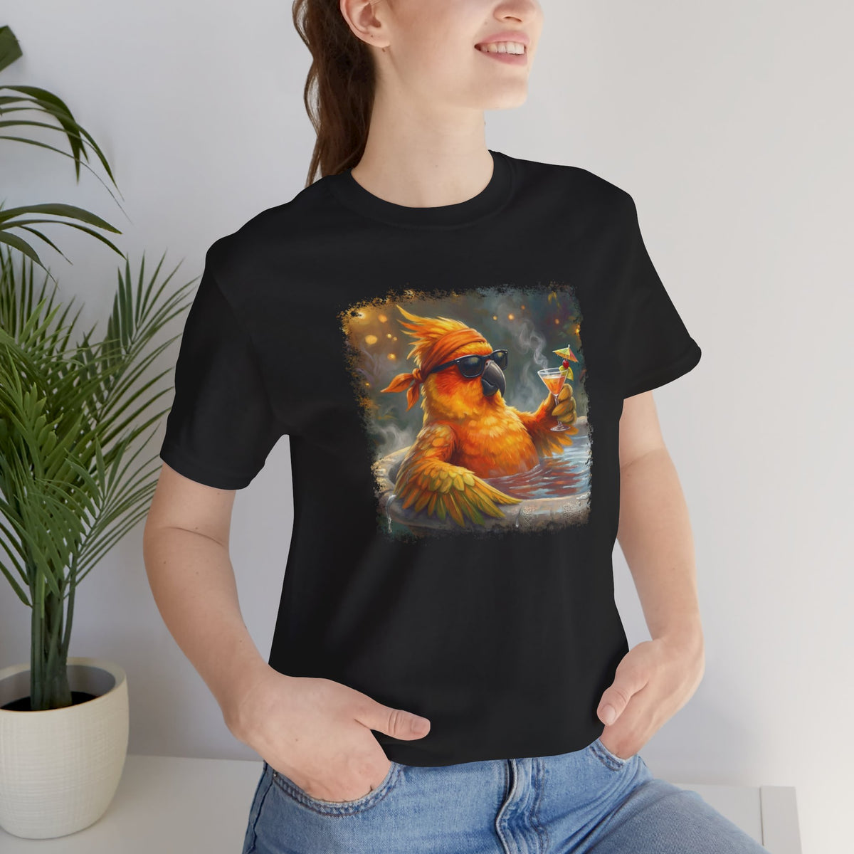 Funny Sun Parakeet T-Shirt | Bird with Sunglasses & Drink | Unisex Summer Tee