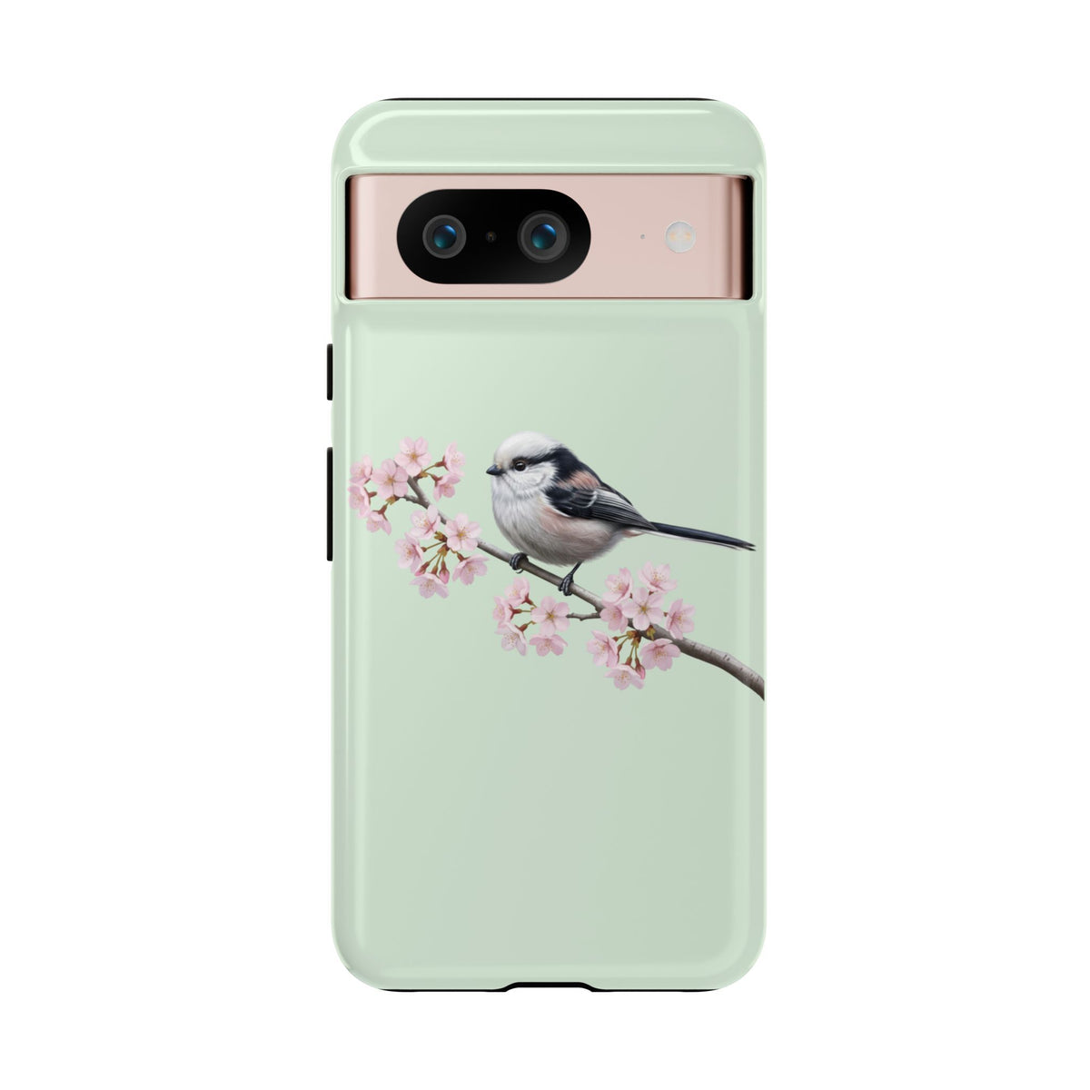 Funda para móvil de carbonero común en verde salvia | Motivo floral de pájaro y flores de cerezo para iPhone y Google Pixel